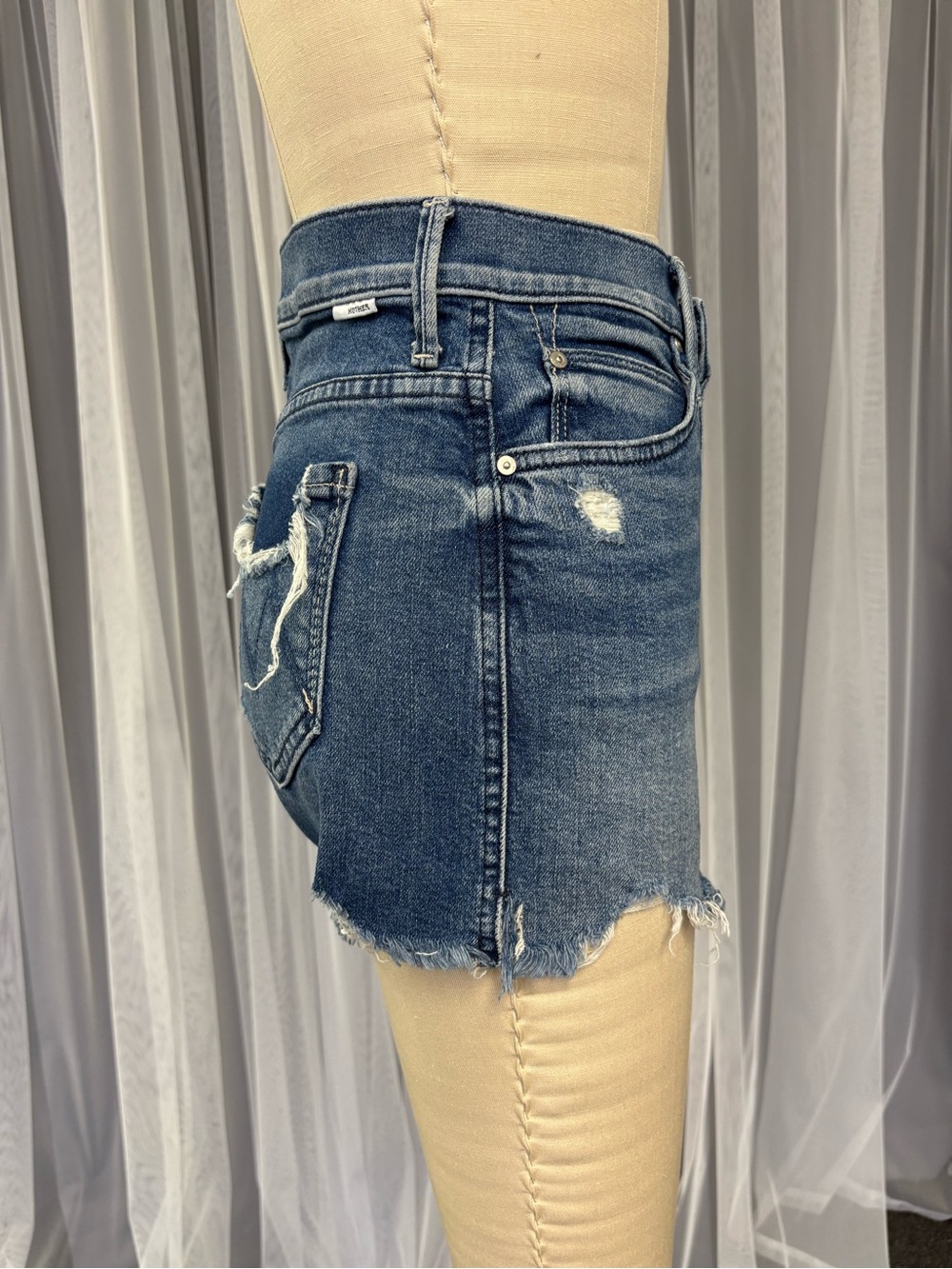 MOTHER Blue Denim High-Rise Cutoff Shorts with Rainbow Pocket - Picture 4 of 8